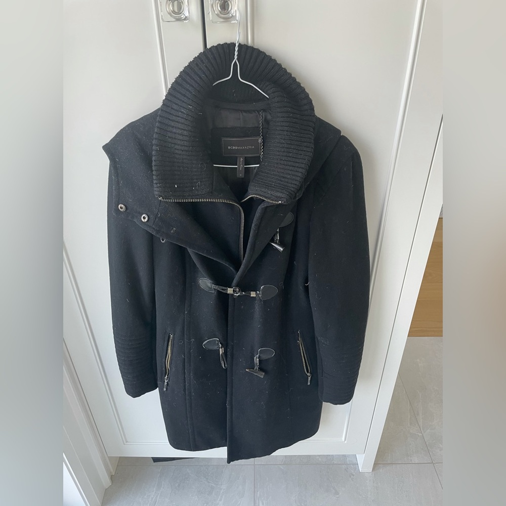 BCBGMAXAZRIA Black Wool Peacoat with Vest Under Layer Zip & Toggle Closure